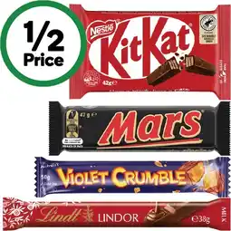 Woolworths Nestle Medium Bars 35-50g, Mars Medium Bars 44-50g, Lindt Bars 38-40g or Violet Crumble 50g offer