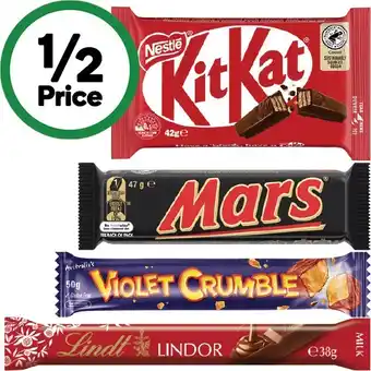 Woolworths Nestle Medium Bars 35-50g, Mars Medium Bars 44-50g, Lindt Bars 38-40g or Violet Crumble 50g offer