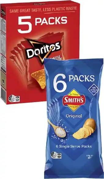 Coles Smith's Crinkle Cut Potato Chips or Doritos Corn Chips 5 Pack-6 Pack offer