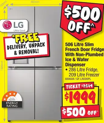 JB Hi-Fi 506 Litre Slim French Door Fridge With Non-Plumbed Ice & Water Dispenser offer