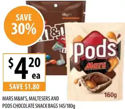 Supabarn Mars m&m's, maltesers and pods chocolate snack bags offer