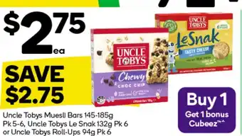 Woolworths Uncle Tobys Muesli Bars 145-185g Pk 5-6, Uncle Tobys Le Snak 132g Pk 6 or Uncle Tobys Roll-Ups 94g Pk 6 offer