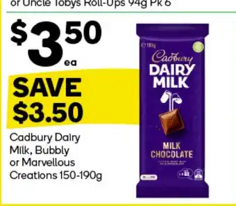 Woolworths Cadbury Dairy Milk, Bubbly or Marvellous Creations 150-190g offer