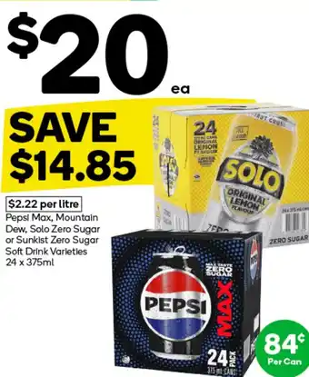 Woolworths Pepsi Max, Mountain Dew, Solo Zero Sugar or Sunkist Zero Sugar Soft Drink Varieties offer