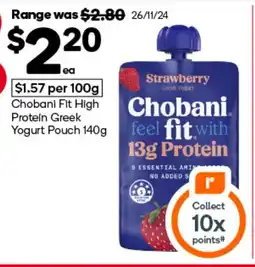 Woolworths Chobani Fit High Protein Greek Yogurt Pouch offer