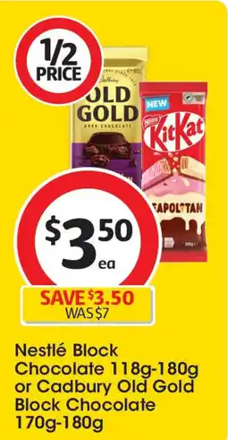 Coles Nestlé Block Chocolate 118g-180g or Cadbury Old Gold Block Chocolate 170g-180g offer