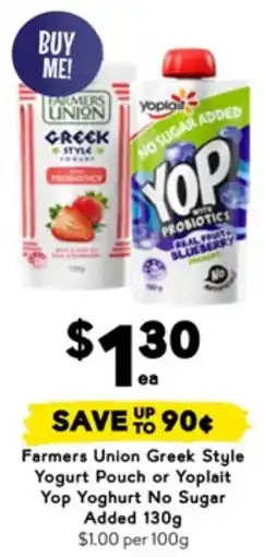 Drakes Farmers Union Greek Style Yogurt Pouch or Yoplait Yop Yoghurt No Sugar Added offer