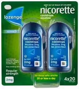 Amcal Pharmacies Nicorette Cooldrops 2mg Regular Strength Icy Mint 4 x 20 Lozenges offer