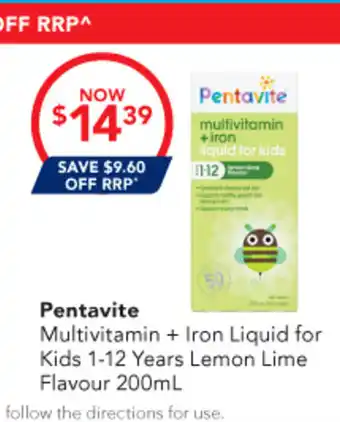 Amcal Pharmacies Pentavite Multivitamin + Iron Liquid for Kids 1-12 Years Lemon Lime Flavour offer