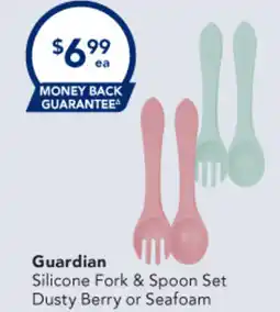 Amcal Pharmacies Guardian Silicone Fork & Spoon Set Dusty Berry or Seafoam offer