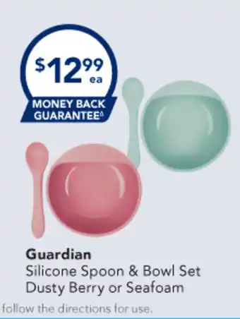 Amcal Pharmacies Guardian Silicone Spoon & Bowl Set Dusty Berry or Seafoam Always read the label and follow the directions for use. offer