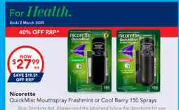 Amcal Pharmacies Nicorette QuickMist Mouthspray Freshmint or Cool Berry 150 Sprays offer