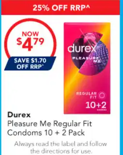 Amcal Pharmacies Durex Pleasure Me Regular Fit Condoms 10+2 Pack offer