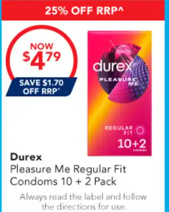 Amcal Pharmacies Durex Pleasure Me Regular Fit Condoms 10+2 Pack offer