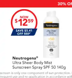 Amcal Pharmacies Neutrogena Ultra Sheer Body Mist Sunscreen Spray SPF 50 offer