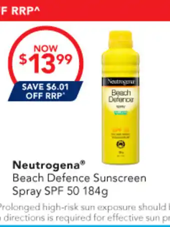 Amcal Pharmacies Neutrogena Beach Defence Sunscreen Spray SPF 50 offer