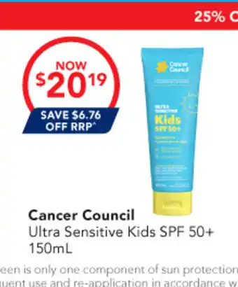 Amcal Pharmacies Cancer Council Ultra Sensitive Kids SPF 50+ offer