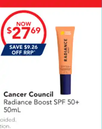 Amcal Pharmacies Cancer Council Radiance Boost SPF 50+ offer