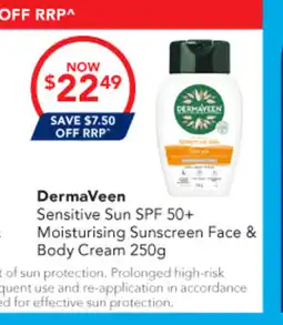 Amcal Pharmacies DermaVeen Sensitive Sun SPF 50+ Moisturising Sunscreen Face & Body Cream offer