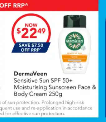 Amcal Pharmacies DermaVeen Sensitive Sun SPF 50+ Moisturising Sunscreen Face & Body Cream offer