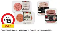 Coles Classic burgers or finest sausages offer