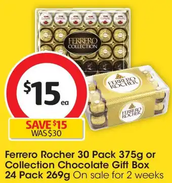 Coles Ferrero rocher 30 pack 375g or collection chocolate gift box 24 pack offer