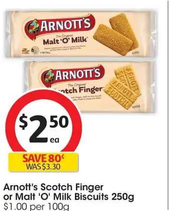 Coles Arnott's scotch finger or malt 'o' milk biscuits offer