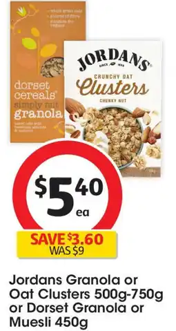 Coles Jordans granola or oat clusters 500g-750g or dorset granola or muesli 450g offer