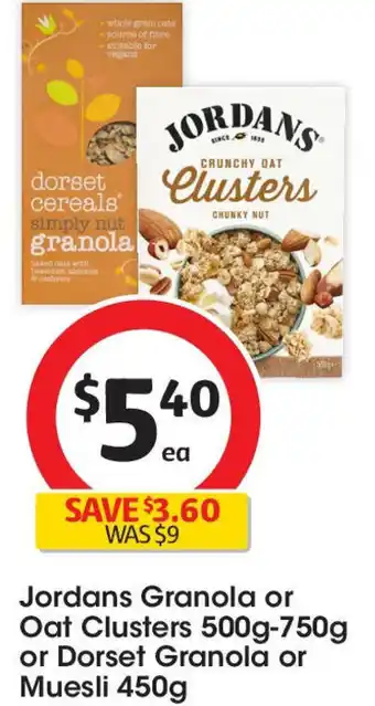 Coles Jordans granola or oat clusters 500g-750g or dorset granola or muesli 450g offer