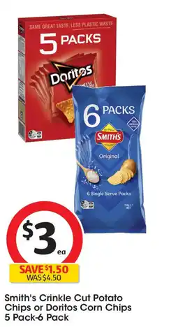 Coles Smith's crinkle cut potato chips or doritos corn chips offer