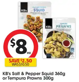 Coles Kb's salt & pepper squid 360g or tempura prawns 300g offer