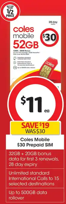 Coles Coles mobile $30 prepaid sim offer