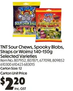 Campbells Wholesale Tnt sour chews, spooky blobs, straps or woimz offer