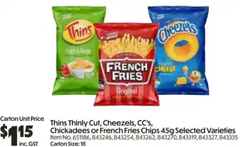 Campbells Wholesale Thins thinly cut, cheezels, cc's, chickadees or french fries chips offer