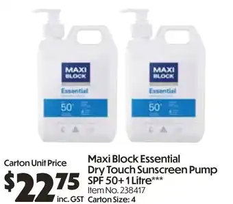 Campbells Wholesale Maxi Block Essential Dry Touch Sunscreen Pump SPF 50+ offer