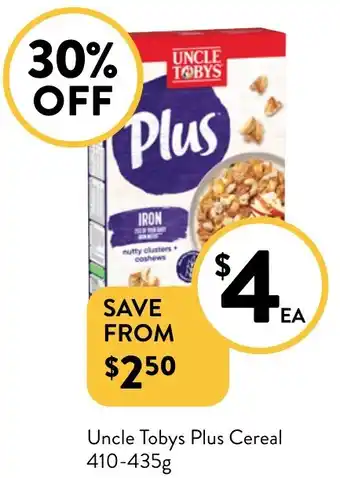 Foodworks Uncle Tobys Plus Cereal offer