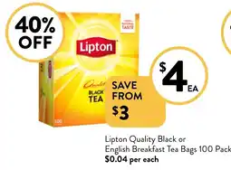 Foodworks Lipton Quality Black or English Breakfast Tea Bags offer