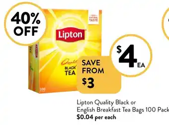 Foodworks Lipton Quality Black or English Breakfast Tea Bags offer