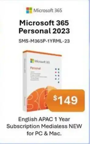 Leader Computers Microsoft 365 Personal 2023 English APAC 1 Year Subscription Medialess offer