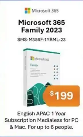 Leader Computers Microsoft 365 Family 2023 English APAC 1 Year Subscription Medialess for PC & Mac offer