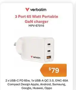 Leader Computers Verbatim 3 Port 65 Watt Portable GaN charger offer