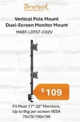 Leader Computers Vertical Pole Mount Dual-Screen Monitor Mount offer