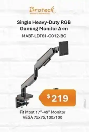 Leader Computers Single Heavy-Duty RGB Gaming Monitor Arm offer