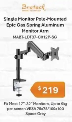 Leader Computers Single Monitor Pole-Mounted Epic Gas Spring Aluminum Monitor Arm offer