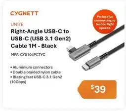 Leader Computers Cygnett Right-Angle USB-C to USB-C (USB 3.1 Gen2) Cable 1M - Black offer