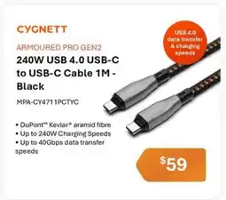 Leader Computers Cygnett 240W USB 4.0 USB-C to USB-C Cable 1M - Black offer