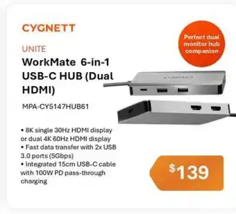 Leader Computers Cygnett WorkMate 6-in-1 USB-C HUB (Dual HDMI) offer