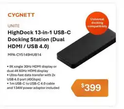 Leader Computers Cygnett HighDock 13-in-1 USB-C Docking Station (Dual HDMI/USB 4.0) offer