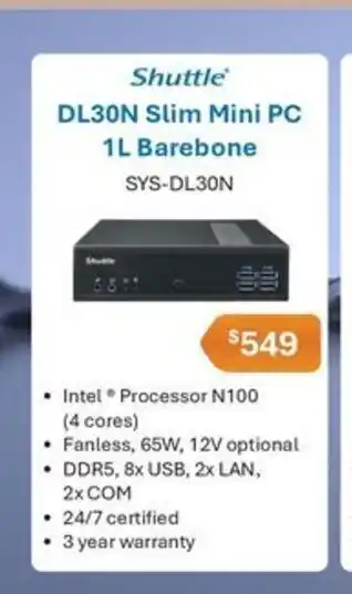 Leader Computers Shuttle DL30N Slim Mini PC 1L Barebone offer