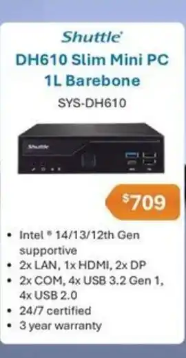 Leader Computers Shuttle DH610 Slim Mini PC 1L Barebone offer